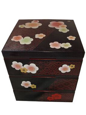 Japanese 3 Tier Picnic Jubako Bento Box black and Red with Cherry Blossoms